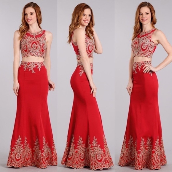 Dresses & Skirts - SEXY 2 pc Red Gold Lace Bodycon Dress 1612